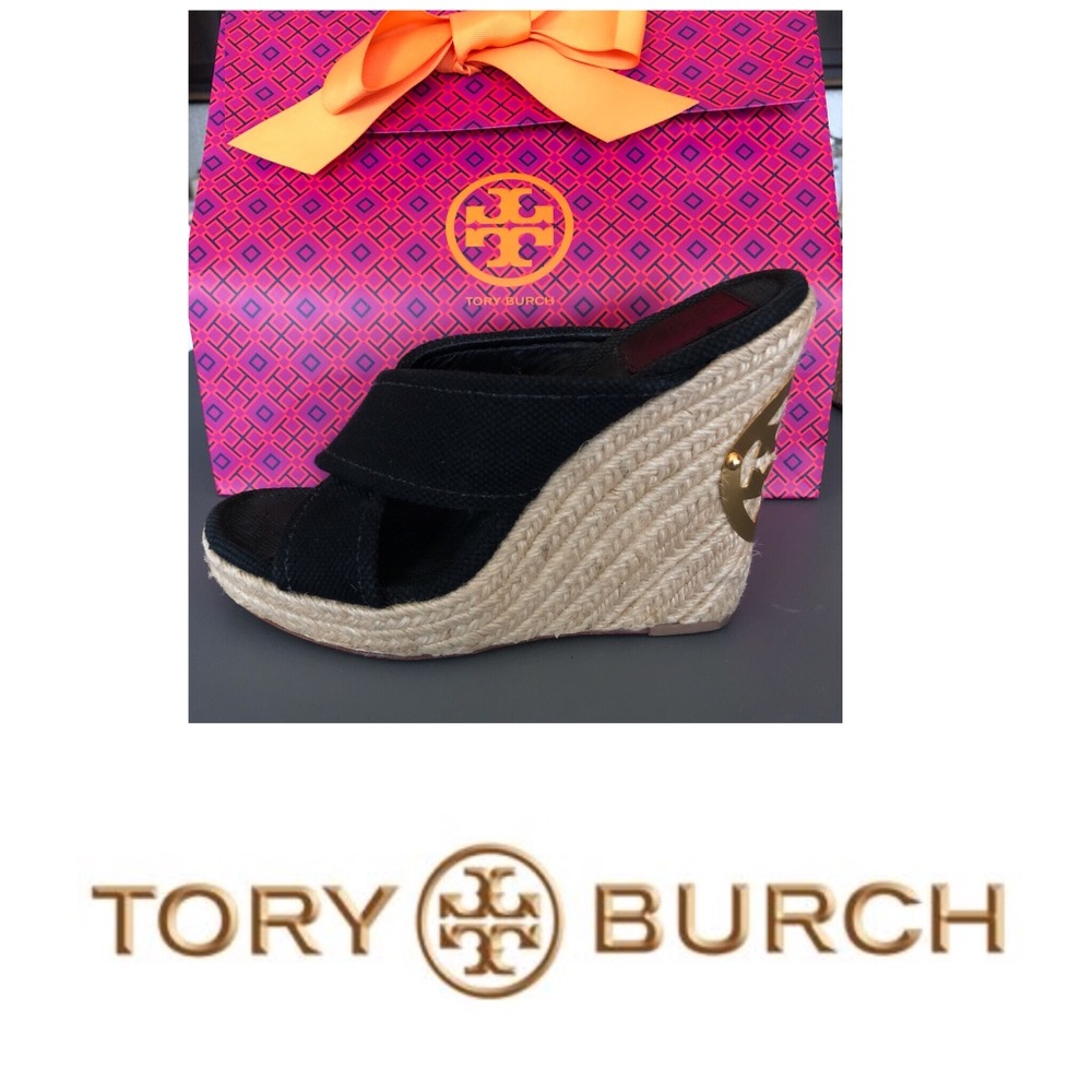 Tory Burch Black Canvas Espadrille Wedge Sandals with Natural Jute Heel